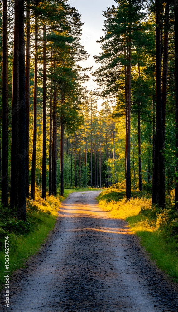 Obraz premium Sunlit path through a pine forest
