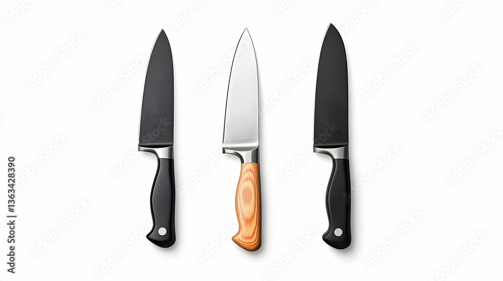 Three kitchen knives with different handle colors isolated on white Three kitchen knives with different handle colors isolated on white