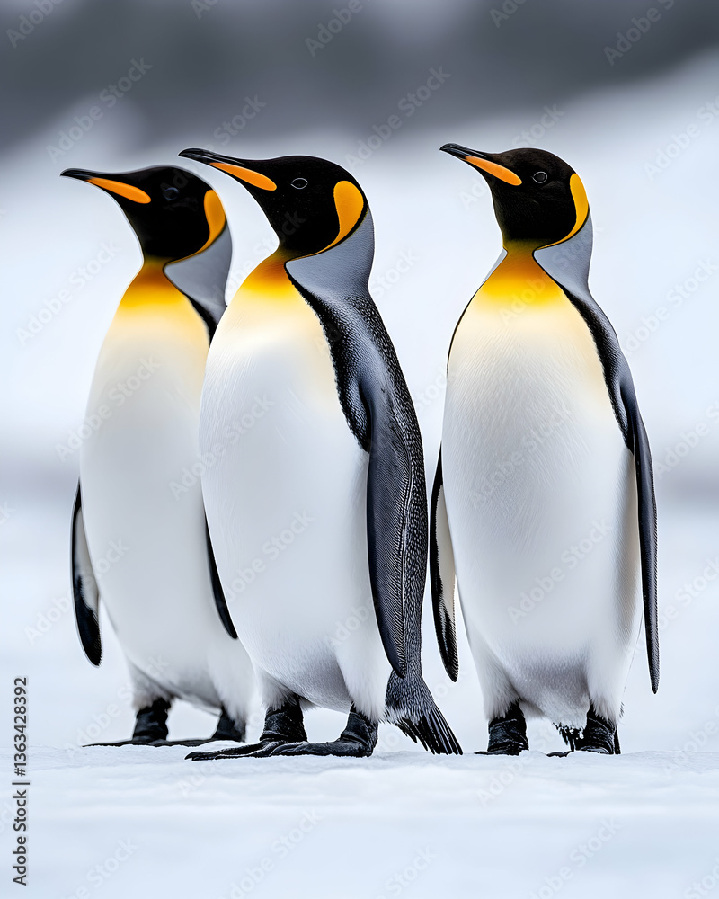 Fototapeta premium Three king penguins standing in a row on snow