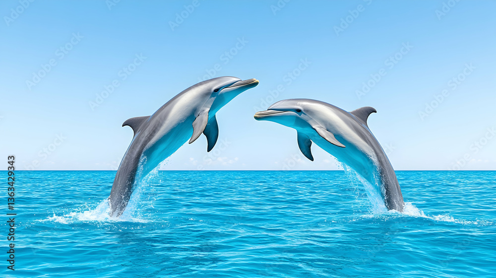 Fototapeta premium Two dolphins leap gracefully from the ocean, against a vibrant blue sky