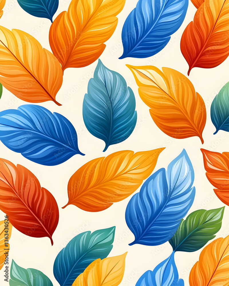 Obraz premium Vibrant autumn leaves pattern in blue, orange, and yellow hues on a beige background