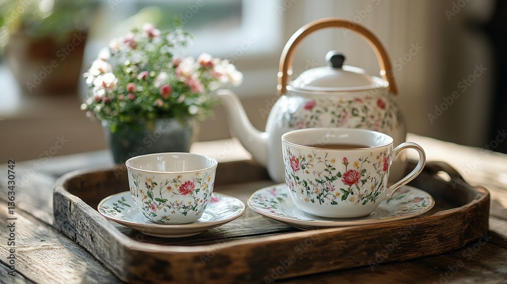 Fototapeta premium Floral Teacup & Teapot on Tray
