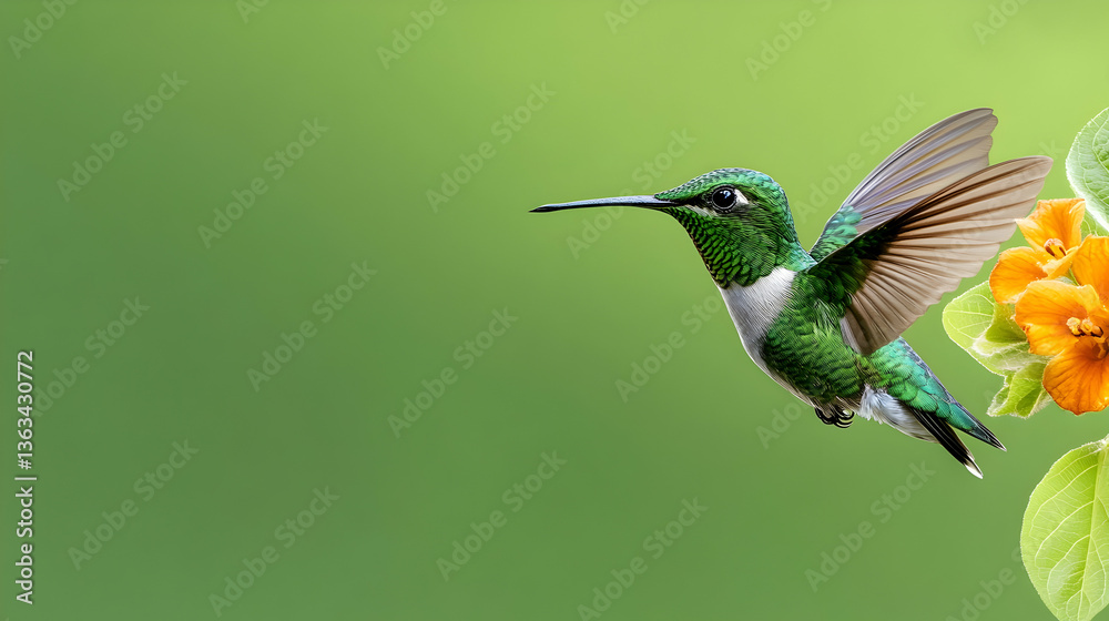 Fototapeta premium Vibrant hummingbird in flight near orange blossoms