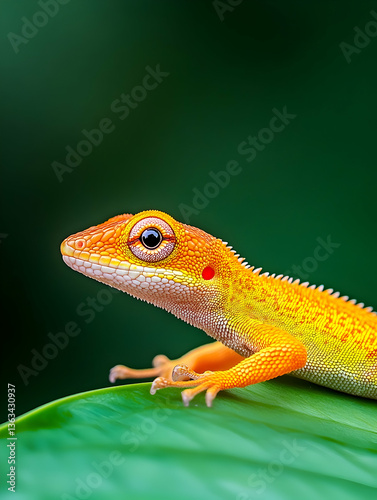 Vibrant orange lizard perched on a green leaf
