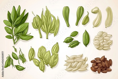 A minimalistic stock illustration showcasing various fennel seeds and related green herbs arranged on a light background