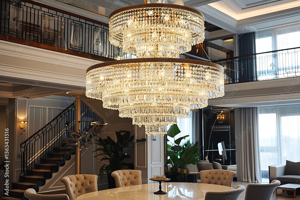 Obraz premium A sophisticated crystal chandelier with multiple tiers hanging over a grand dining table