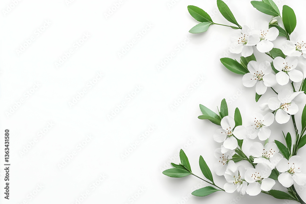 Fototapeta premium White blossoms and green leaves arranged on a white background, leaving ample copy space (2)