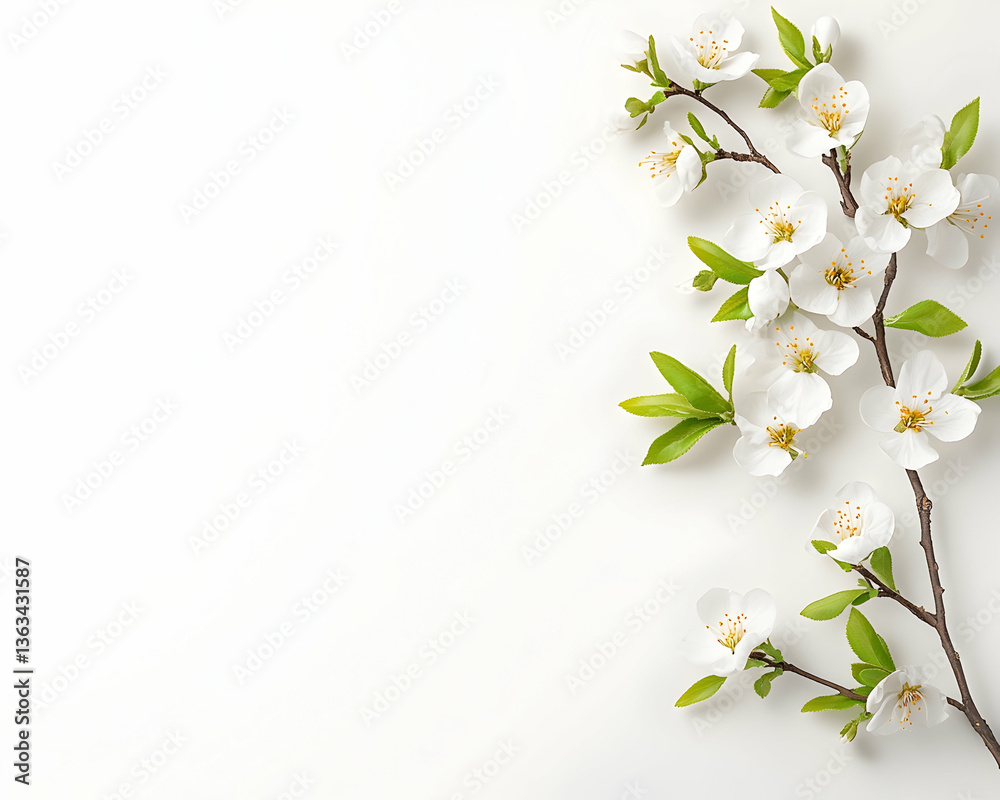 Obraz premium White blossoms and green leaves on a branch arranged on a white background