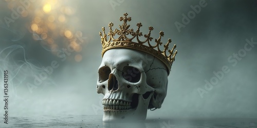 Eerie Skull Crowned by Golden Royalty in Misty Scene.