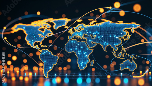 A futuristic digital world map with a glowing, high-tech appearance. 