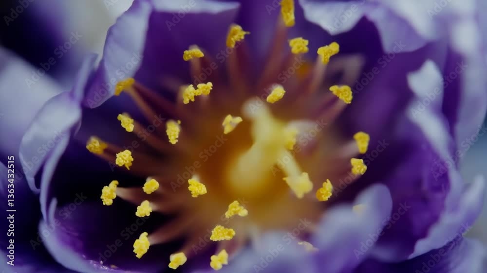 *

Macro of blooming purple water lily flower with golden stamens. Floral beauty, natural elegance, detailed close-up texture.

**
