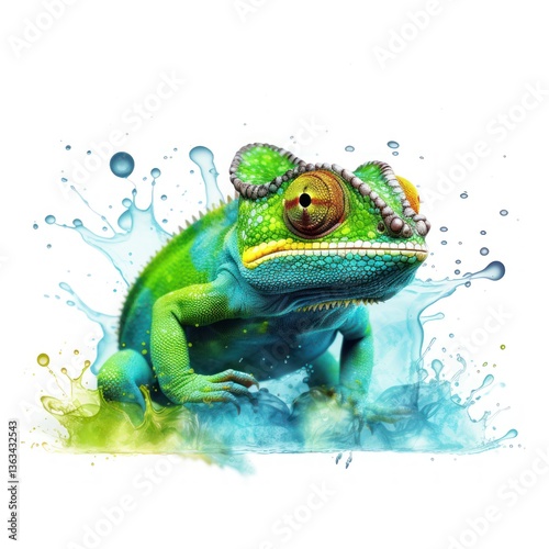 Green colored chameleon. Liquid colorful splashes. White background.