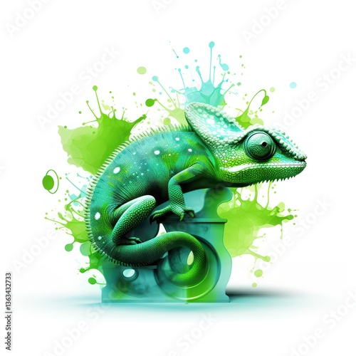 Green colored chameleon. Liquid colorful chameleon.