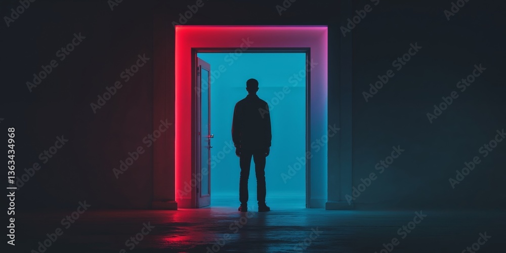 Obraz premium Silhouette of a Man Facing a Red and Blue Neon Doorway.