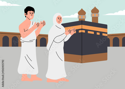A Muslim couple performing pilgrimage at the Kaaba in Mecca
