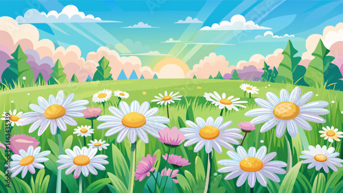 Meadow with lots of white and pink spring daisy flowers in sunny day