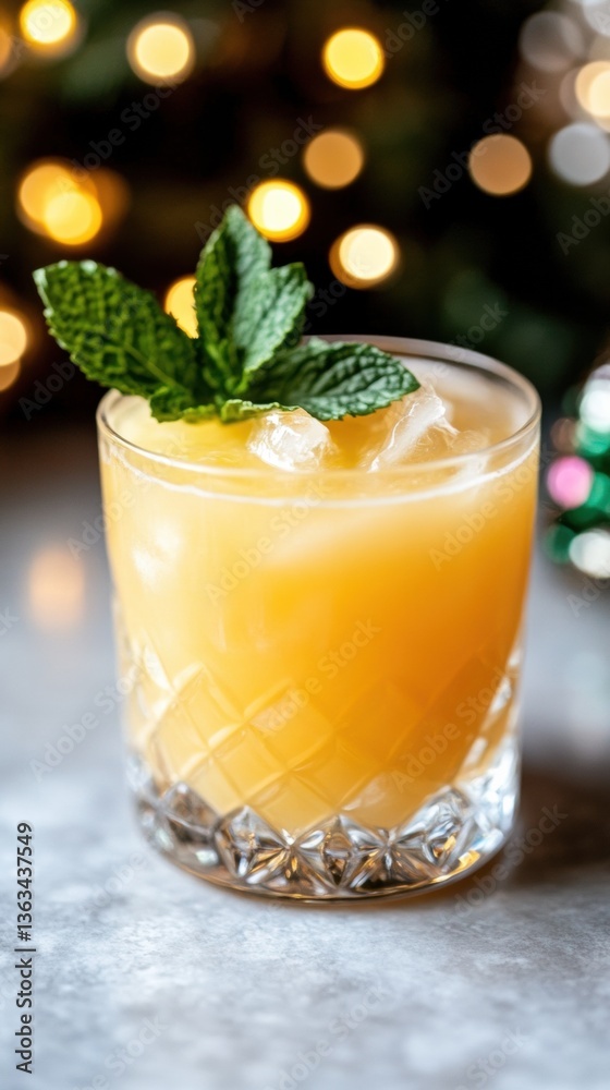 Summer cocktail with pineapple, orange and mint on evening festive background. Free copy space Summer cocktail with pineapple, orange and mint on evening festive background. Free copy space