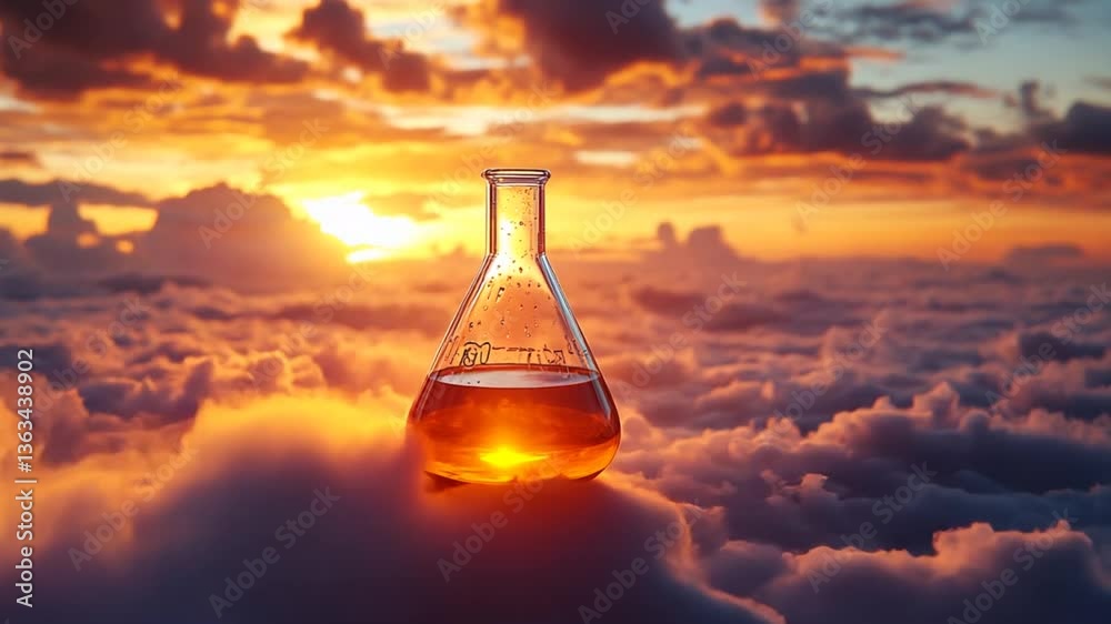 Science flask on clouds at sunrise.  Possible use stock photo for scientific research, education, or nature-themed presentations