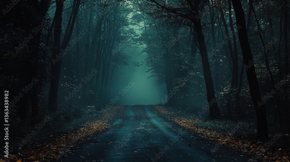Naklejka premium Misty forest pathway at night with enveloping darkness and eerie atmosphere