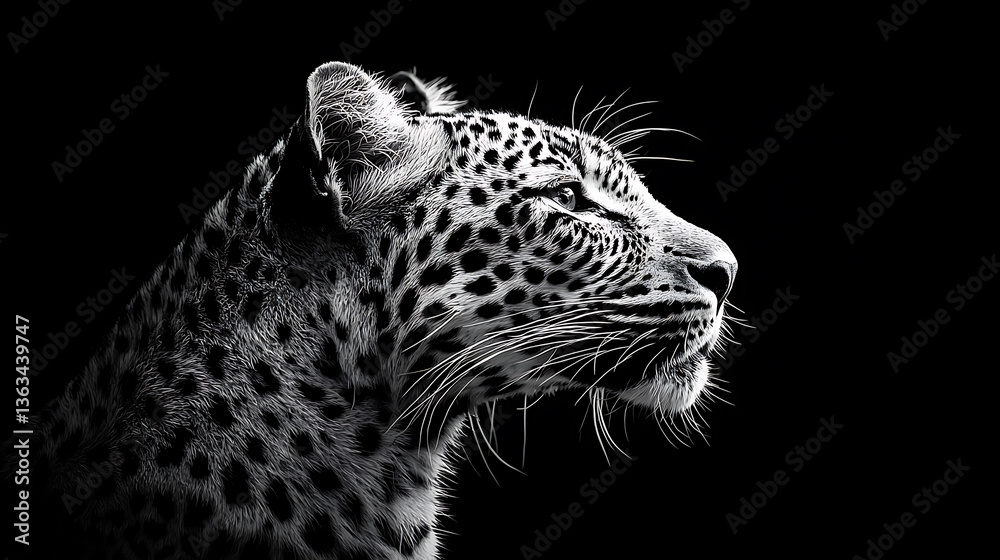Obraz premium Elegant portrait of a leopard in monochrome showcasing the spotted coat and graceful profile against a black backdrop.