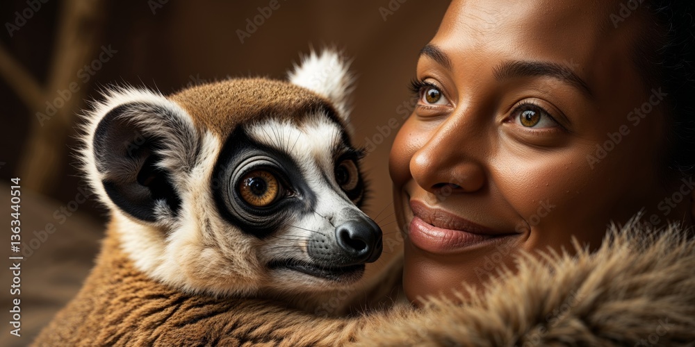 Fototapeta premium Lemur cuddles with caretaker in a cozy setting at dusk.