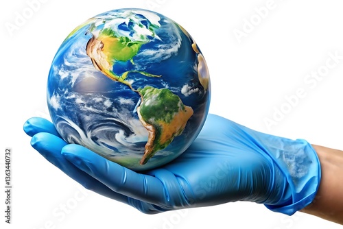 Fototapeta Naklejka Na Ścianę i Meble -  A gentle hand in blue protects our precious Earth, a vibrant globe held with care against a stark white background.