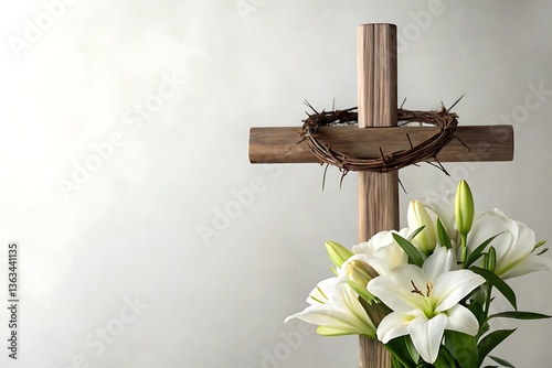 A solemn wooden cross adorned with a crown of thorns, embraced by a bouquet of pure white lilies, symbolizing remembrance and peace against a softly lit neutral background.