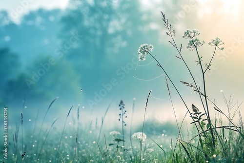 Serene morning mist veils a field of wildflowers, delicate blooms kissed by soft light and a tranquil atmosphere. photo