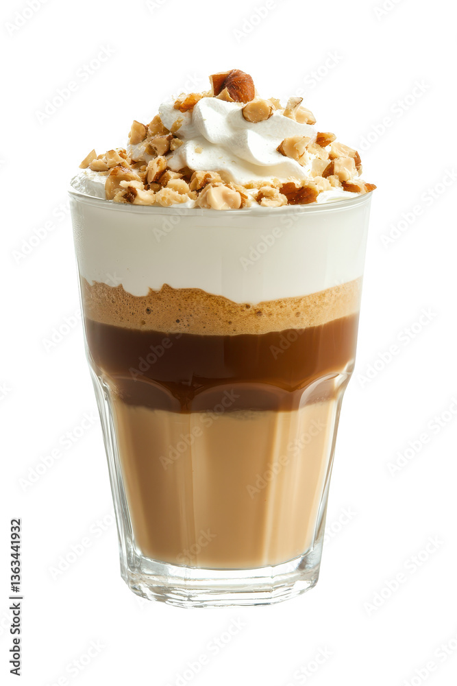 Isolated Layered Coffee Drink with Whipped Cream and Nuts Isolated Layered Coffee Drink with Whipped Cream and Nuts