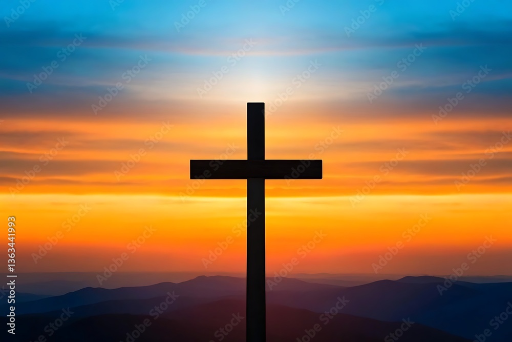 A silhouette of a cross stands tall against a breathtaking sunset, a powerful symbol of hope and faith over rolling hills. Warm, vibrant colors illuminate the sky. A silhouette of a cross stands tall against a breathtaking sunset, a powerful symbol of hope and faith over rolling hills. Warm, vibrant colors illuminate the sky.