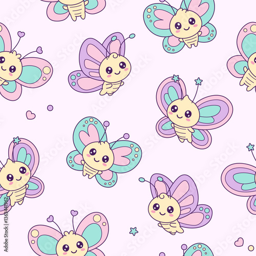 Kawaii butterflies seamless pattern, background. Cute characters, kids illustrations, simple cartoon drawings