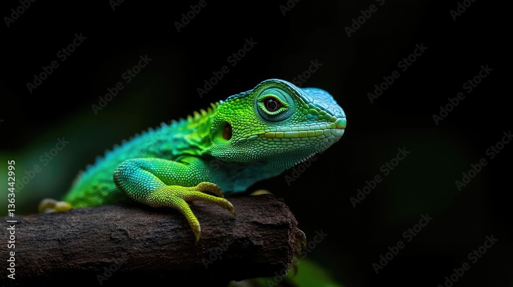 Vibrant green and teal lizard perched on a dark branch Vibrant green and teal lizard perched on a dark branch