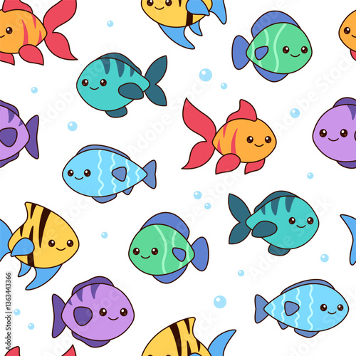 Kawaii fishes seamless pattern, background. Simple cute cartoon drawings