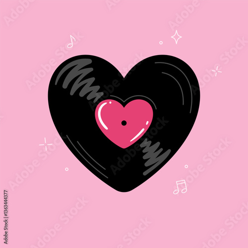 Vinyl record in a shape of a heart. Cute cartoon drawing