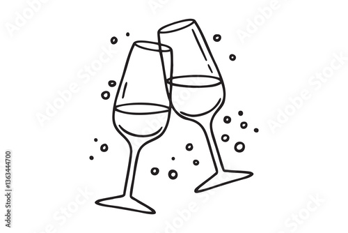 Two glasses wine or champagne doodle outline hand drawn icon. Cheers with alcohol drink and cocktail sign. Champagne glasses make cheers. Element for celebration, party, holiday