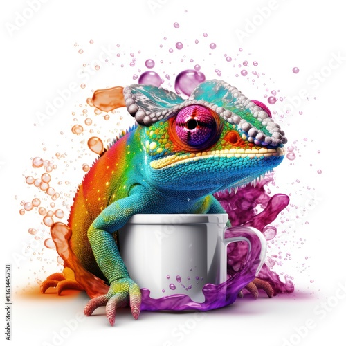 Abstract colored chameleon. Liquid colorful splashes. White background.