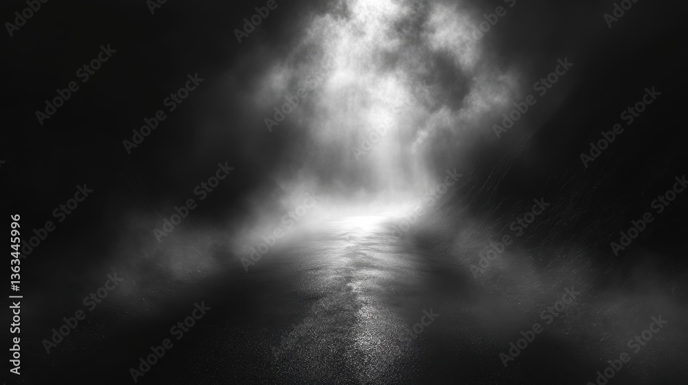 Mysterious foggy road leading to light in misty darkness Mysterious foggy road leading to light in misty darkness
