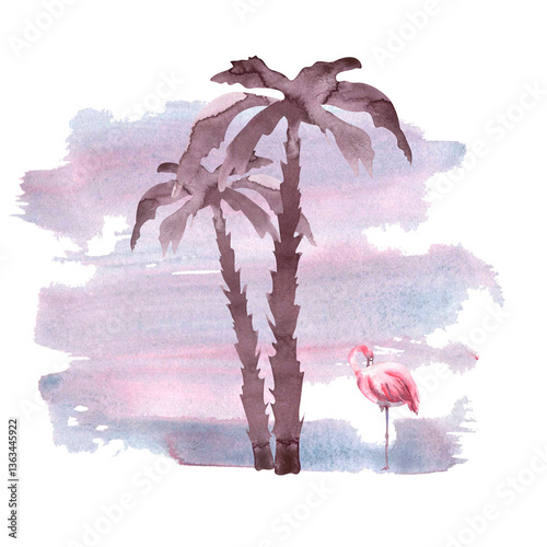 Watercolor monochrome palm tree and pink flamingo. Watercolor illustration of Tropical landscape. Silhouette of tropical tree and bird. Summer tropical designs for invitation, card, cosmetic package