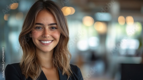Smiling young caucasian female in office setting