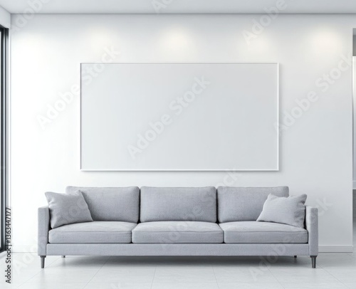 Modern living room with grey sofa and large blank frame above.