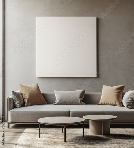 Modern living room with grey sofa, beige pillows, and large blank canvas.
