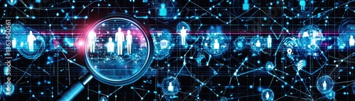 Recruitment Magnifying Glass on Team in a Digital Network Background