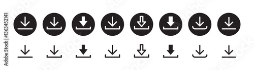 Download icon symbol. Round sign down arrow. Download icon for apps, websites interface.