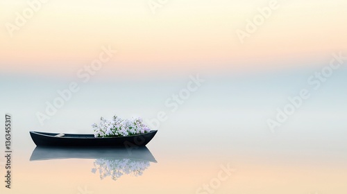   A boat with a plant bobbing on water under a pink sky