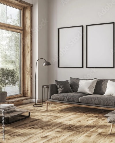 Modern living room with grey sofa, wooden floor, and large window.