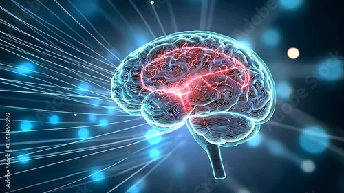 An ethereal glowing brain emerging from a quantum chip, with holographic information streams forming neural pathways, depicting the next era of AI development.