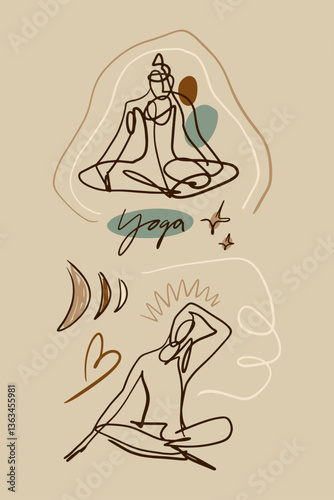 Yoga Meditation One Line Modern Brush Hand-Drawn Linear Drawing Illustration, Sport Wellness And Meditation Healing Woman Young Girl Body Vector Clip Art Studio Logo.