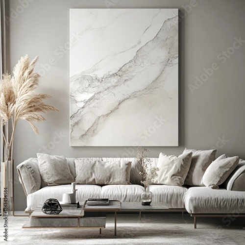 Modern living room with large abstract marble artwork.