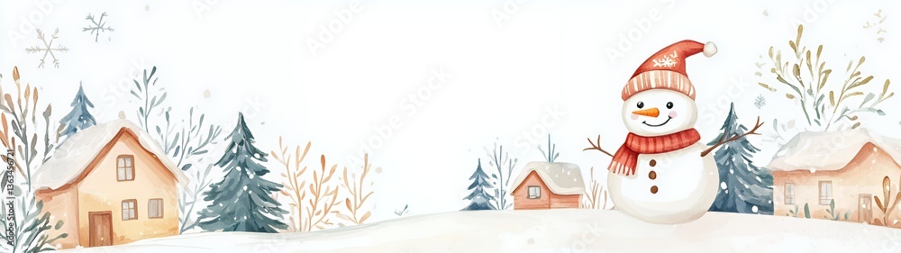 Fototapeta premium Cheerful snowman in a winter landscape with charming cottages and evergreen trees.