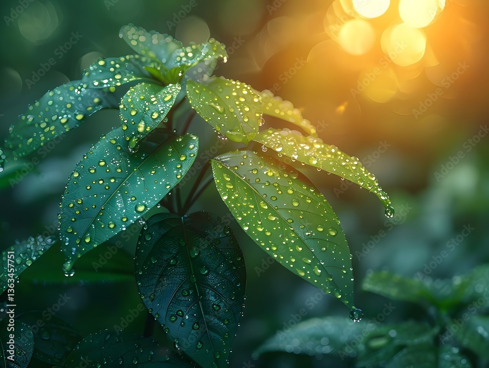 Green Leaves with Water Droplets Sparkling in Sunlight Nature Image Green Leaves with Water Droplets Sparkling in Sunlight Nature Image
